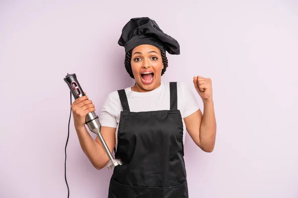 Afro Black Woman Feeling Shocked Laughing Celebrating Success Chef Hand — 스톡 사진