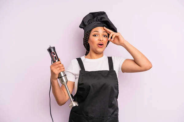 Afro Black Woman Looking Happy Astonished Surprised Chef Hand Blender — Photo