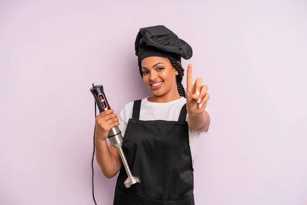 Afro Black Woman Smiling Proudly Confidently Making Number One Chef — Foto Stock