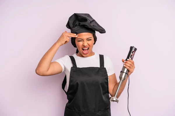 Afro Black Woman Looking Unhappy Stressed Suicide Gesture Making Gun — Stock Photo, Image