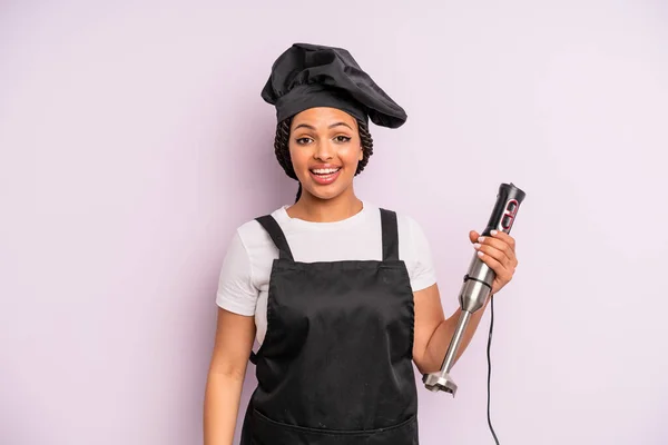 Afro Black Woman Looking Happy Pleasantly Surprised Chef Hand Blender — Foto Stock