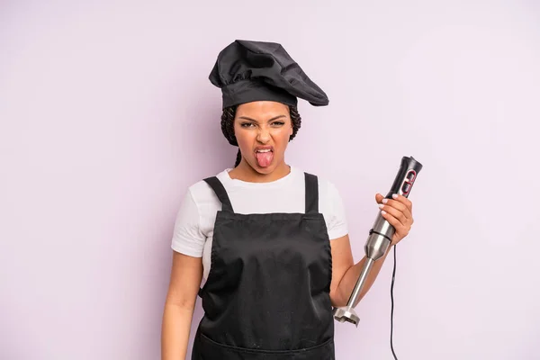 Afro Black Woman Feeling Disgusted Irritated Tongue Out Chef Hand — Stockfoto