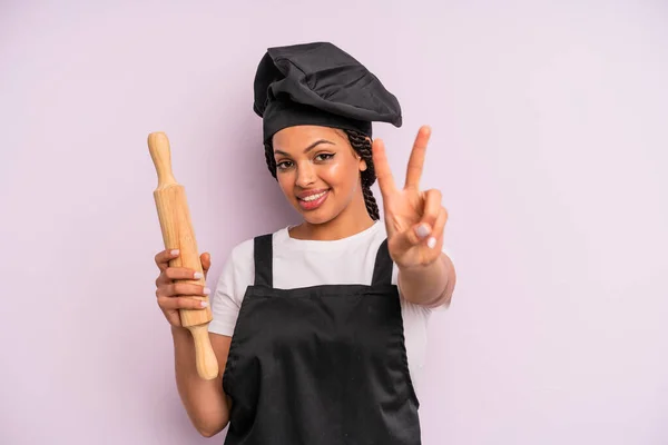 Afro Black Woman Smiling Looking Happy Gesturing Victory Peace Chef — ストック写真