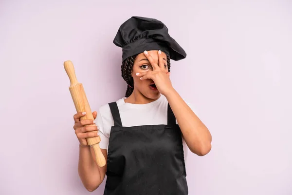 Afro Black Woman Looking Shocked Scared Terrified Covering Face Hand — ストック写真