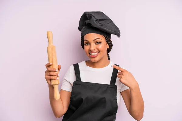 Afro Black Woman Smiling Confidently Pointing Own Broad Smile Chef — ストック写真