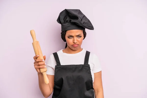 Afro Black Woman Feeling Sad Whiney Unhappy Look Crying Chef — Zdjęcie stockowe