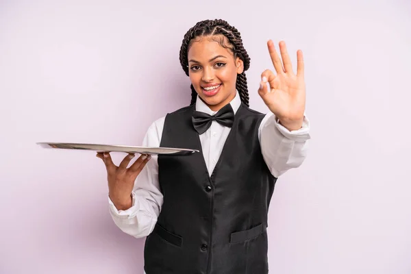 Afro Black Woman Feeling Happy Showing Approval Okay Gesture Waiter —  Fotos de Stock