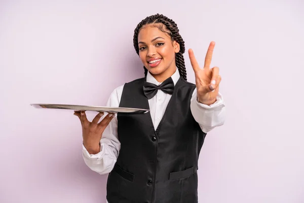 Afro Black Woman Smiling Looking Happy Gesturing Victory Peace Waiter —  Fotos de Stock
