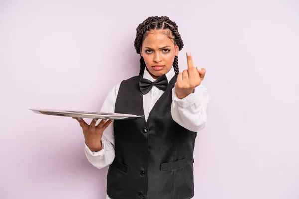 Afro Black Woman Feeling Angry Annoyed Rebellious Aggressive Waiter Tray — Fotografia de Stock