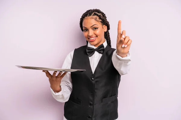 Afro Black Woman Smiling Proudly Confidently Making Number One Waiter —  Fotos de Stock