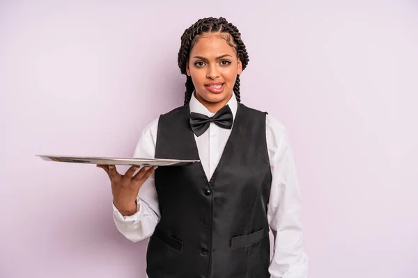 Afro Black Woman Looking Puzzled Confused Waiter Tray — Stock Photo, Image