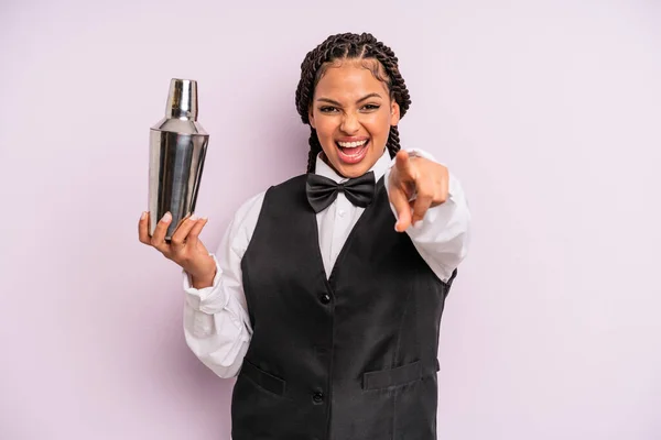 Afro Black Woman Pointing Camera Choosing You Waiter Cocktail —  Fotos de Stock