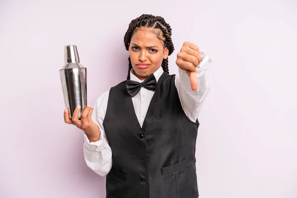 Afro Black Woman Feeling Cross Showing Thumbs Waiter Cocktail —  Fotos de Stock