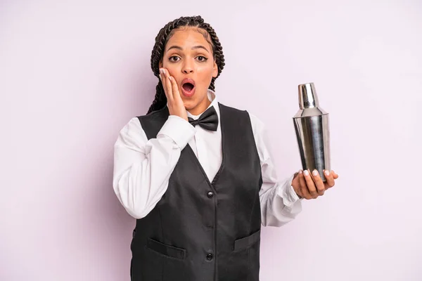 Afro Black Woman Feeling Shocked Scared Waiter Cocktail —  Fotos de Stock