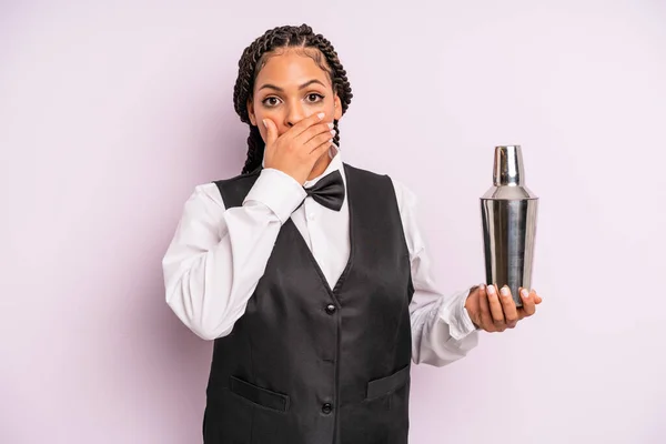 Afro Black Woman Covering Mouth Hands Shocked Waiter Cocktail —  Fotos de Stock