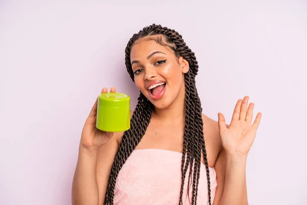 Afro Black Woman Smiling Happily Waving Hand Welcoming Greeting You —  Fotos de Stock