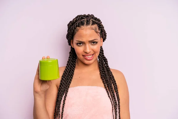 Afro Black Woman Looking Puzzled Confused Hair Treatment Concept — Foto Stock