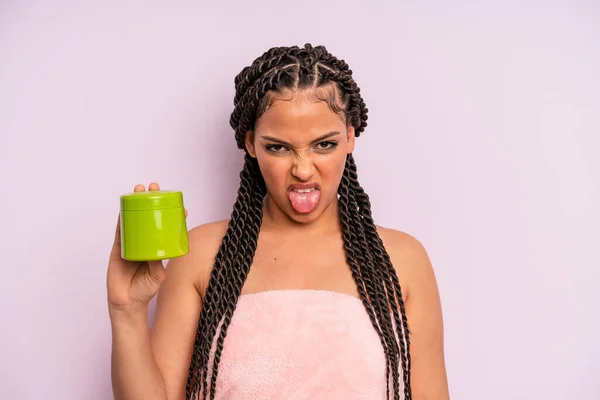 Afro Black Woman Feeling Disgusted Irritated Tongue Out Hair Treatment —  Fotos de Stock