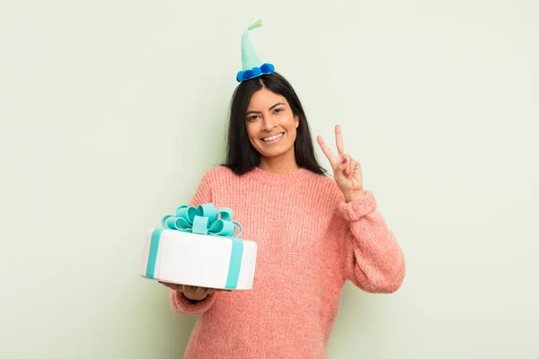 Young Pretty Hispanic Woman Smiling Looking Happy Gesturing Victory Peace — Stock Photo, Image