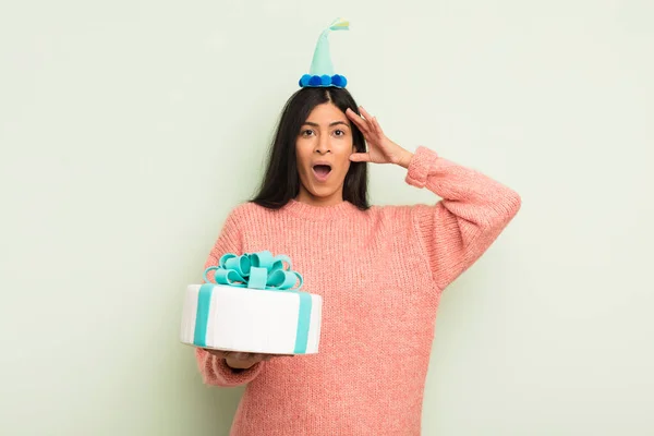 Young Pretty Hispanic Woman Looking Happy Astonished Surprised Birthday Cake — Stock Photo, Image