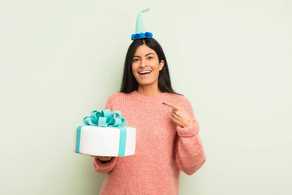 Young Pretty Hispanic Woman Looking Excited Surprised Pointing Side Birthday — Stock Photo, Image