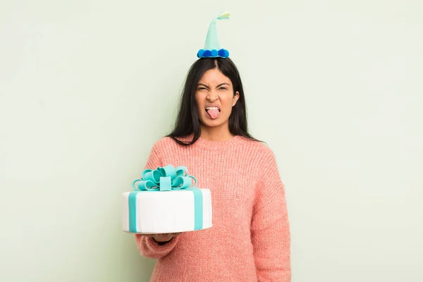 Young Pretty Hispanic Woman Feeling Disgusted Irritated Tongue Out Birthday — Stock Photo, Image