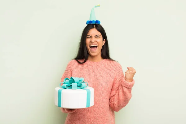 Young Pretty Hispanic Woman Shouting Aggressively Angry Expression Birthday Cake — Stock Photo, Image