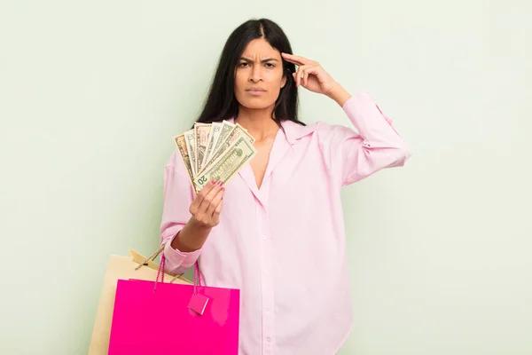 Young Pretty Hispanic Woman Feeling Confused Puzzled Showing You Insane — Stock Photo, Image