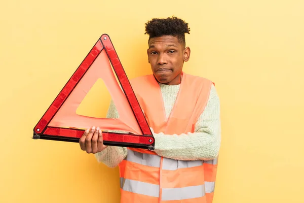 Black Afro Young Man Shrugging Feeling Confused Uncertain Car Fault — Stock Photo, Image