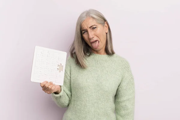 Middle Age Woman Feeling Disgusted Irritated Tongue Out Puzzle Challenge — Stock Photo, Image