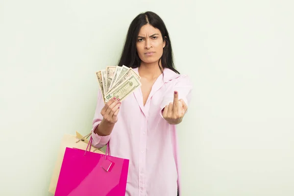 Young Pretty Hispanic Woman Feeling Angry Annoyed Rebellious Aggressive Shopping Stock Picture