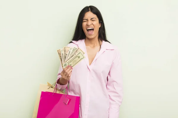 Young Pretty Hispanic Woman Shouting Aggressively Looking Very Angry Shopping Royalty Free Stock Images