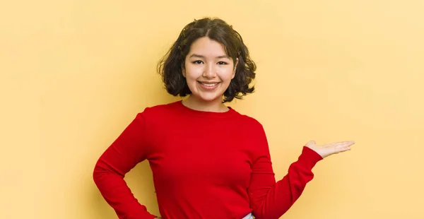 Pretty Hispanic Woman Smiling Feeling Confident Successful Happy Showing Concept — Stock Photo, Image