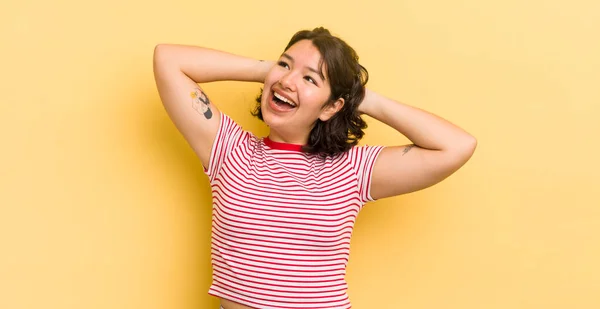 Pretty Hispanic Woman Smiling Feeling Relaxed Satisfied Carefree Laughing Positively — Stock Photo, Image