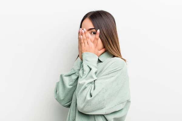 Pretty Hispanic Woman Feeling Scared Embarrassed Peeking Spying Eyes Half — Stock Photo, Image