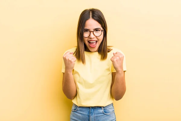 Pretty Hispanic Woman Shouting Triumphantly Laughing Feeling Happy Excited While — Stock Photo, Image