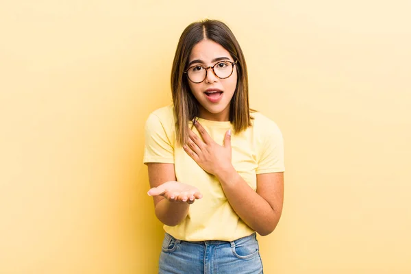 Pretty Hispanic Woman Feeling Happy Love Smiling One Hand Next — Stock Photo, Image