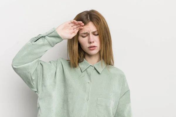 Red Head Pretty Woman Looking Stressed Tired Frustrated Drying Sweat — Stock Photo, Image