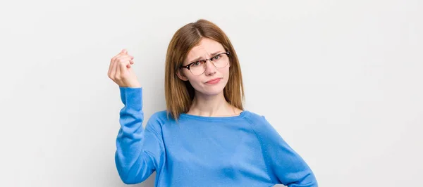 Red Head Pretty Woman Making Capice Money Gesture Telling You — Stock Photo, Image