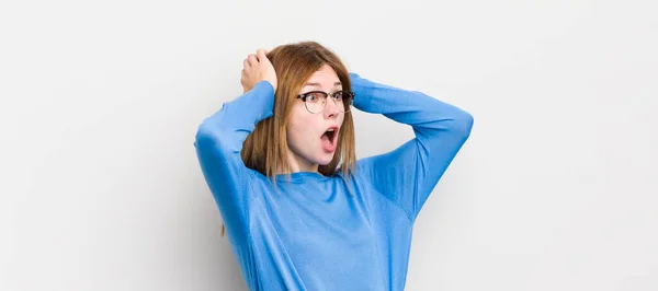 Red Head Pretty Woman Open Mouth Looking Horrified Shocked Because — Stock Photo, Image