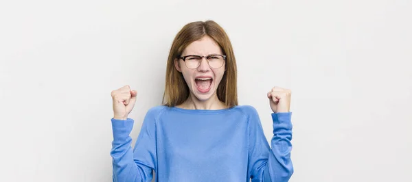 Red Head Pretty Woman Feeling Happy Surprised Proud Shouting Celebrating — Stock Photo, Image