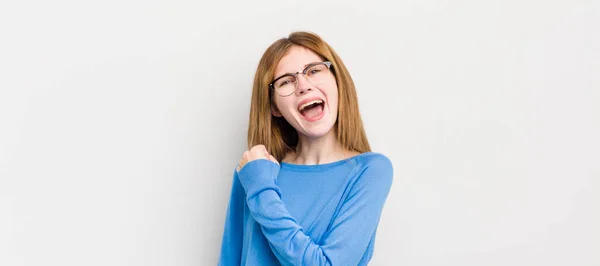 Red Head Pretty Woman Feeling Happy Positive Successful Motivated Facing — Stock Photo, Image