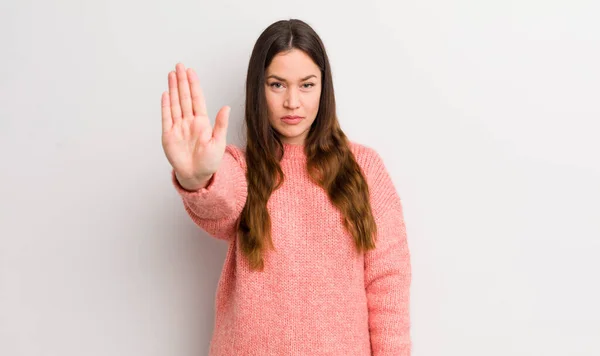 Pretty Caucasian Woman Looking Serious Stern Displeased Angry Showing Open — стоковое фото