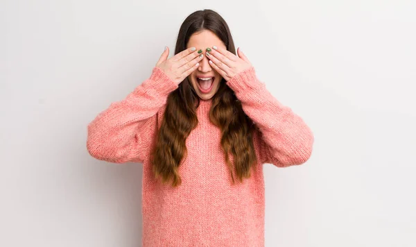 Pretty Caucasian Woman Smiling Feeling Happy Covering Eyes Both Hands — Stock Photo, Image