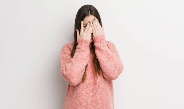Pretty Caucasian Woman Covering Face Hands Peeking Fingers Surprised Expression — Stock Photo, Image