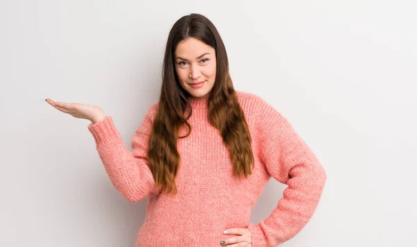 Pretty Caucasian Woman Smiling Feeling Confident Successful Happy Showing Concept — Stock Photo, Image