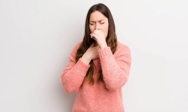 Pretty Caucasian Woman Feeling Ill Sore Throat Flu Symptoms Coughing — Stockfoto