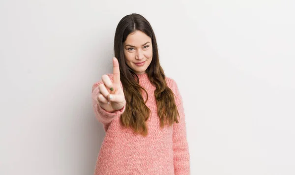 Pretty Caucasian Woman Smiling Proudly Confidently Making Number One Pose — Stock Photo, Image