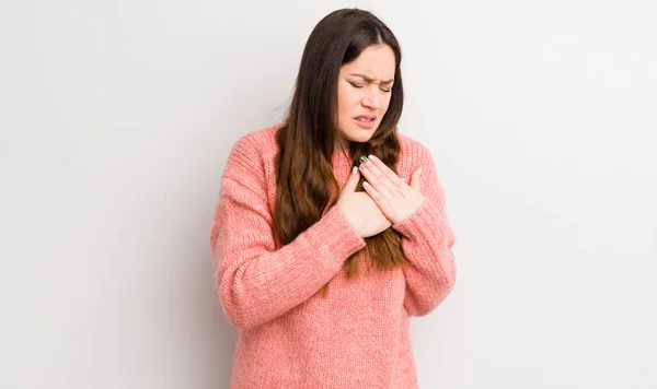 Pretty Caucasian Woman Looking Sad Hurt Heartbroken Holding Both Hands — Stock Fotó