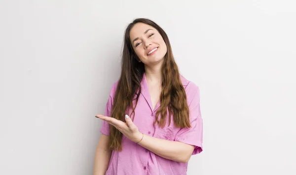 Pretty Caucasian Woman Smiling Cheerfully Feeling Happy Showing Concept Copy — Foto Stock